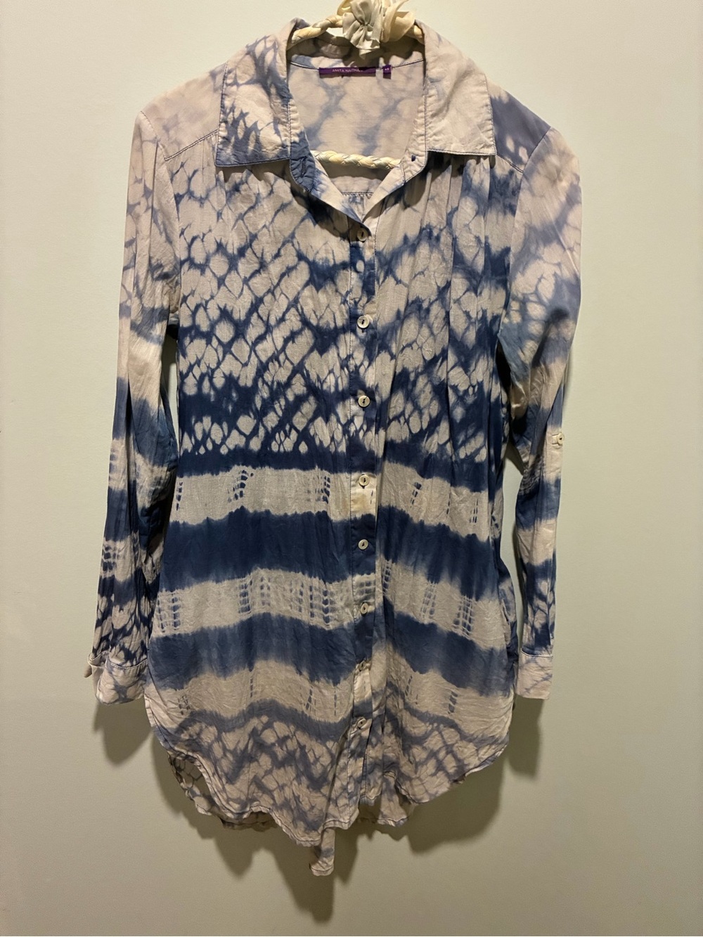 Amita Naithani Women’s Blue & White Tie-Dye Button Front Cotton Shirt Size XS